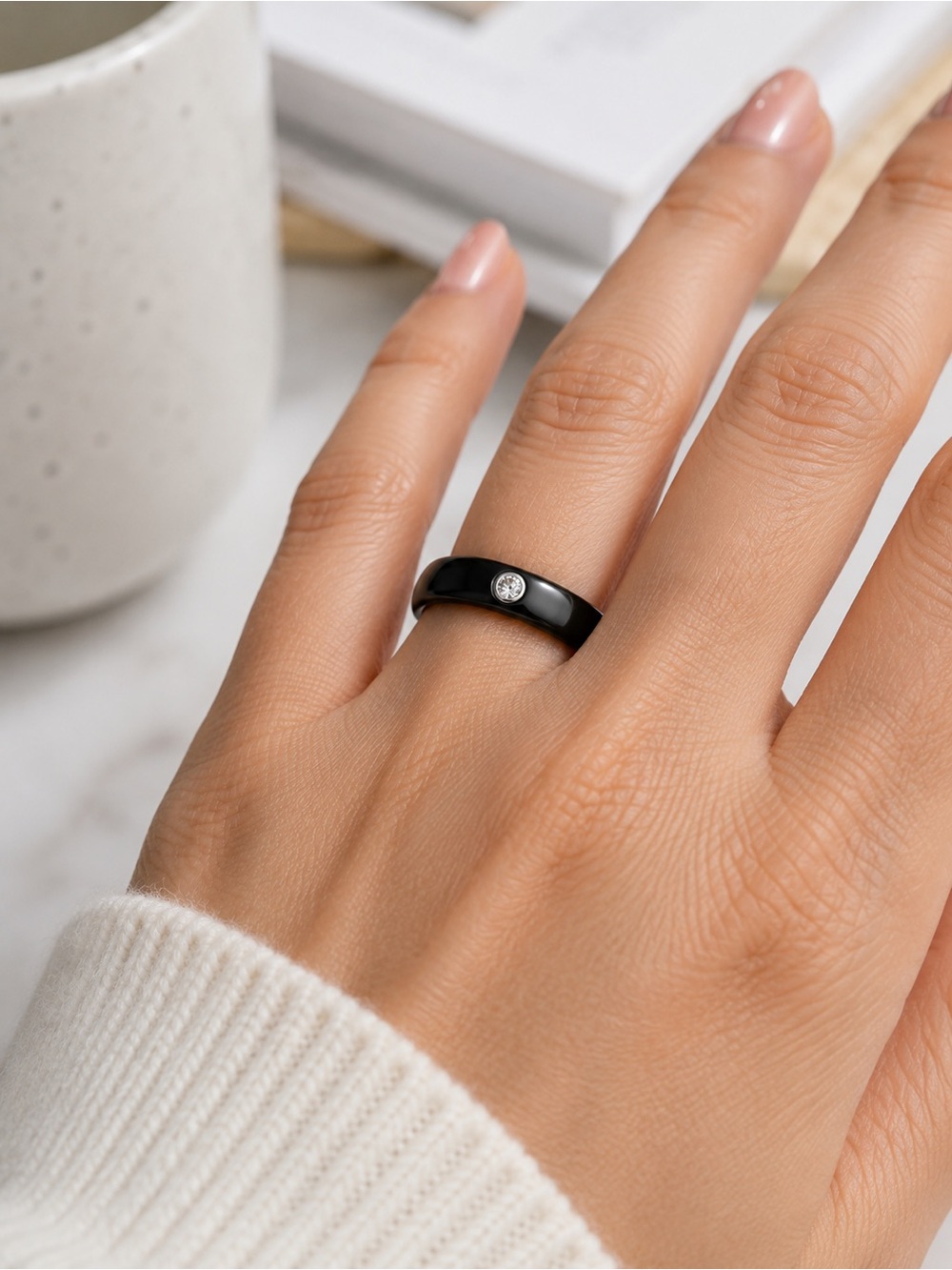 Black Ceramic CZ Ring Bezel Set Waterproof Band Size 7